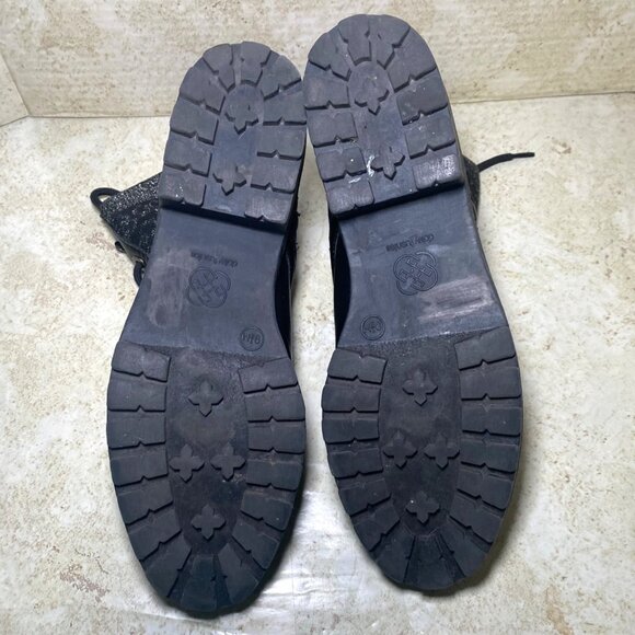 Black Combat Boots Size 8 Lug Sole  Leather & Glitter Fabric Blend Everyday Wear - Picture 7 of 8